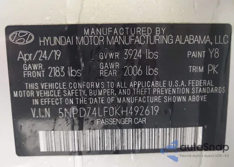 2019 Hyundai Elantra Se from USA, damaged, VIN 5NPD74LF0KH492619